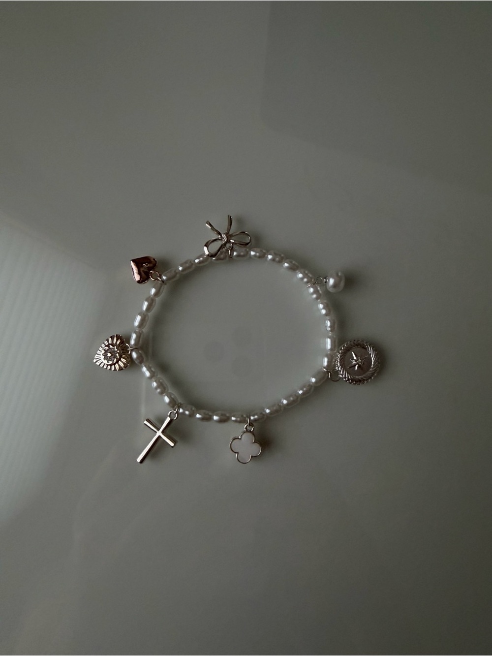 Pearl Beaded Charm Bracelet with Cross & Flower Charms